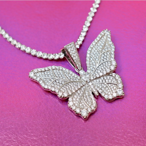CZ Iced Butterfly Pendant w Gold Silver Iced Chain - Picture 3 of 10